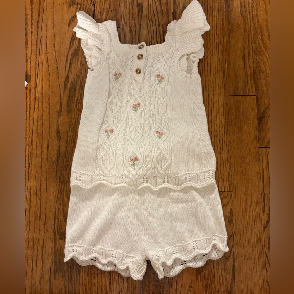 White Knit Girls 2 Piece Set with Floral Embroidery